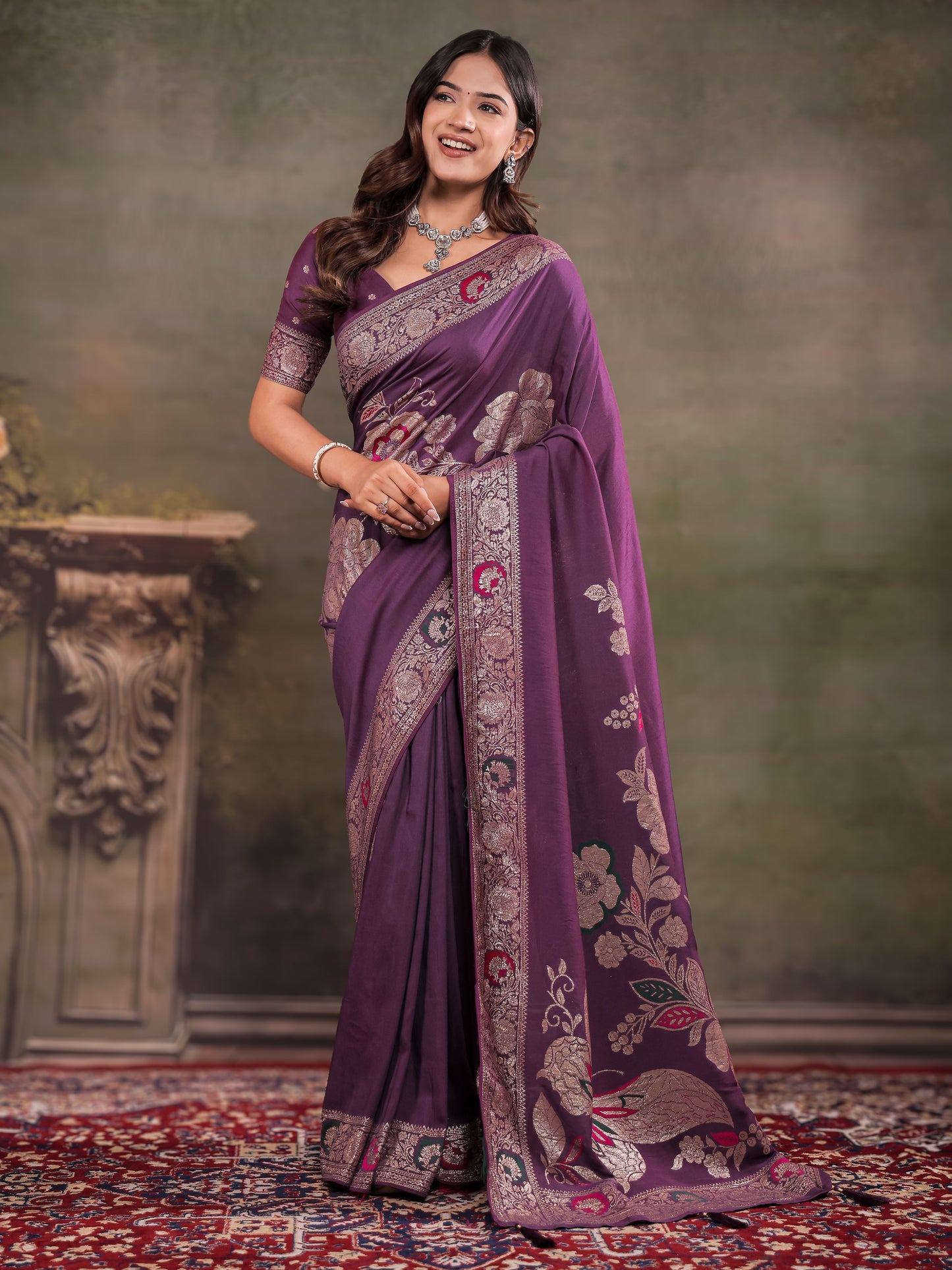 Plum Purple Nylon Viscose Pure Saree with Floral Woven Border, Elegant Botanical Design, Designer Pallu & Tassel Edges