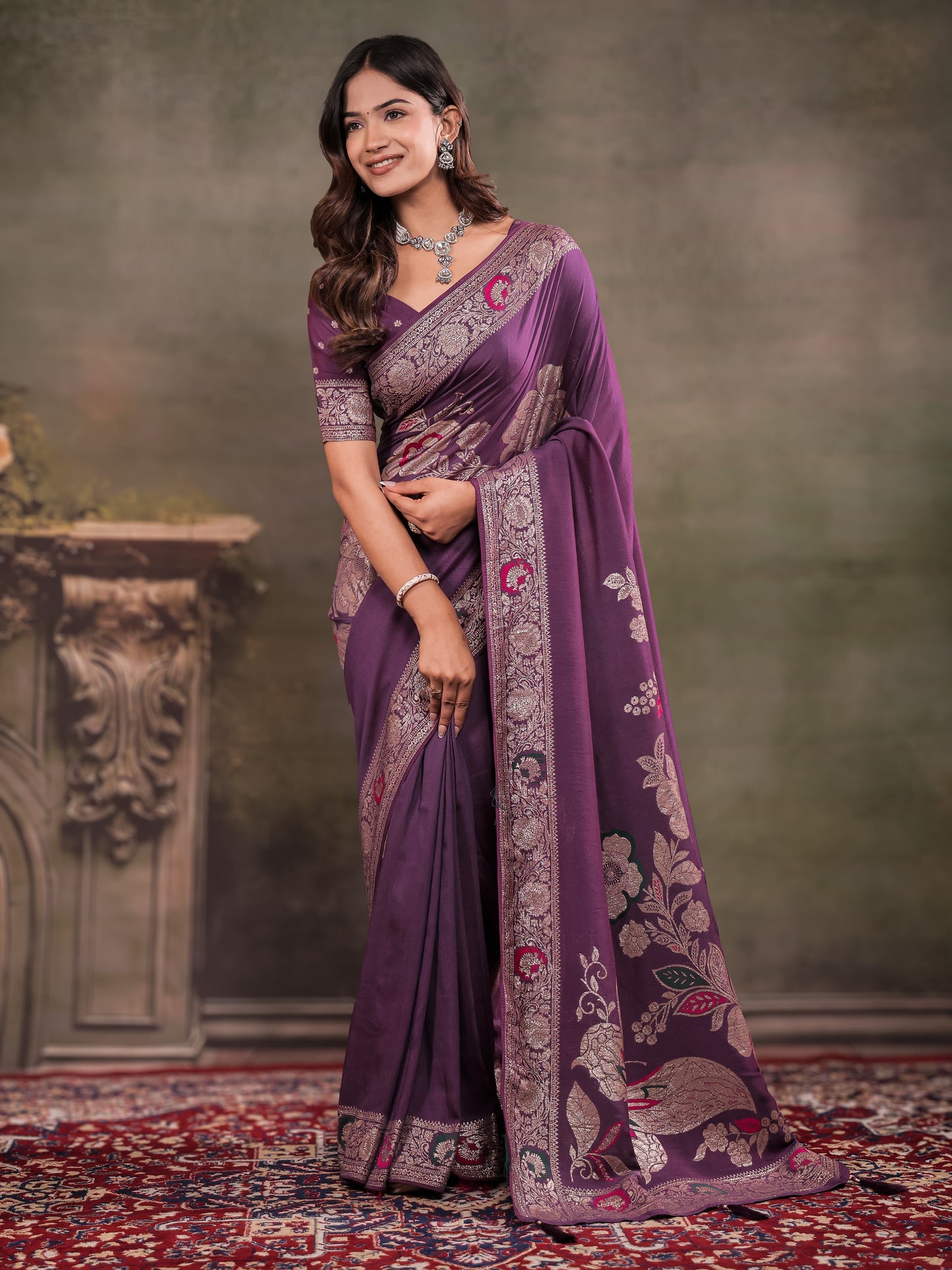 Plum Purple Nylon Viscose Pure Saree with Floral Woven Border, Elegant Botanical Design, Designer Pallu & Tassel Edges