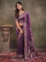 Plum Purple Nylon Viscose Pure Saree with Floral Woven Border, Elegant Botanical Design, Designer Pallu & Tassel Edges