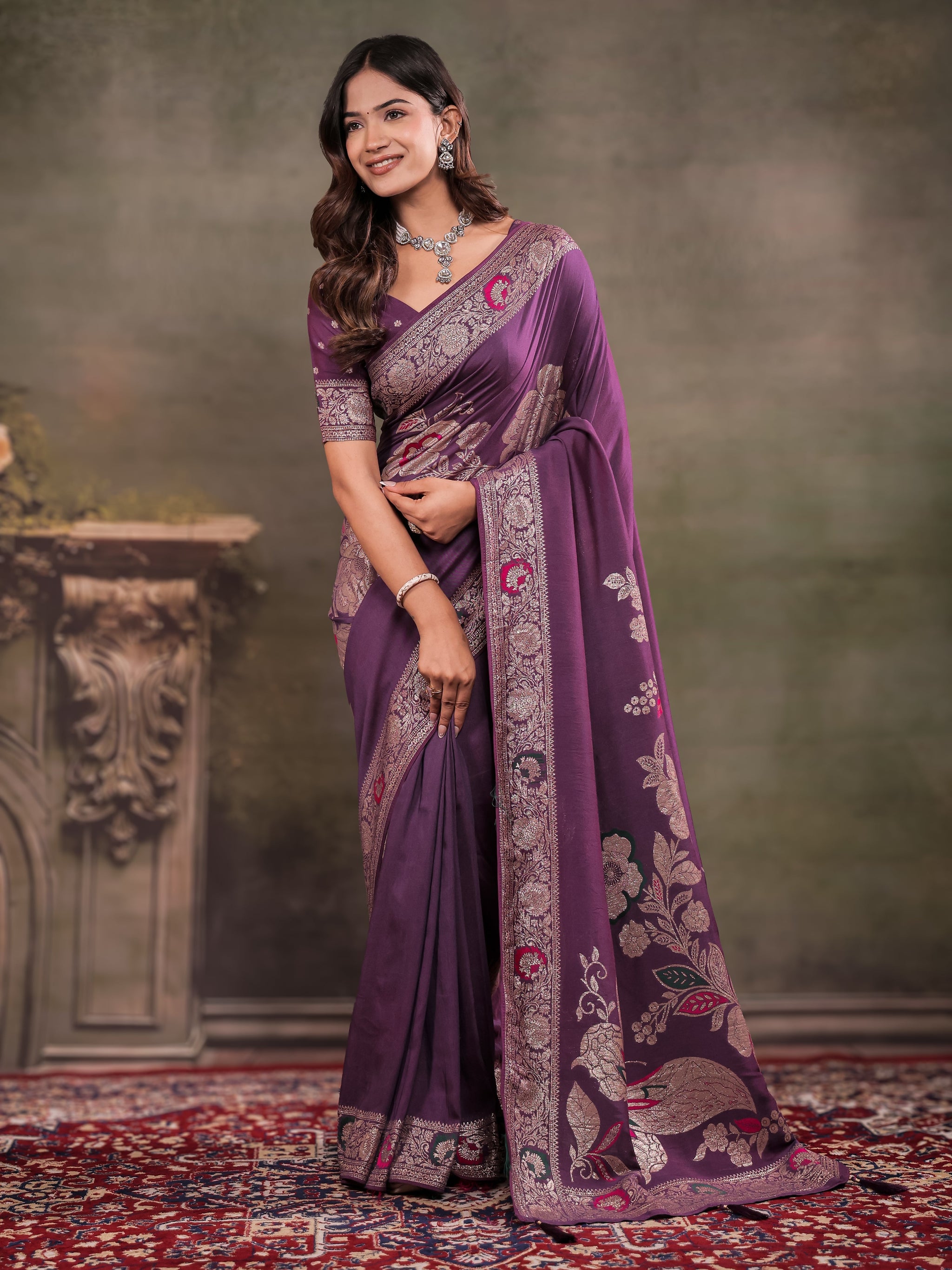 Plum Purple Nylon Viscose Pure Saree with Floral Woven Border, Elegant Botanical Design, Designer Pallu & Tassel Edges