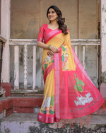 image, Elegant Multi-color Linen Saree with White Lotus Print &amp; Silver Zari Border