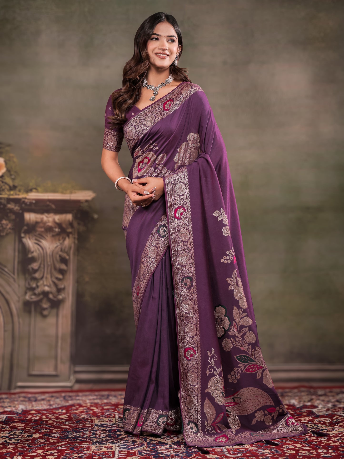 Plum Purple Nylon Viscose Pure Saree with Floral Woven Border, Elegant Botanical Design, Designer Pallu & Tassel Edges