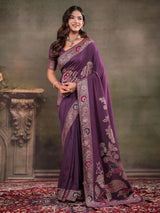 Plum Purple Nylon Viscose Pure Saree with Floral Woven Border, Elegant Botanical Design, Designer Pallu & Tassel Edges