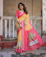 image, Elegant Multi-color Linen Saree with White Lotus Print &amp; Silver Zari Border