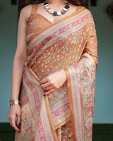 Warm Gold Pure Linen Cotton Handloom Printed Saree with Floral and Figurative Patterns, Golden Zari Weave, Tassels, and Slub Texture