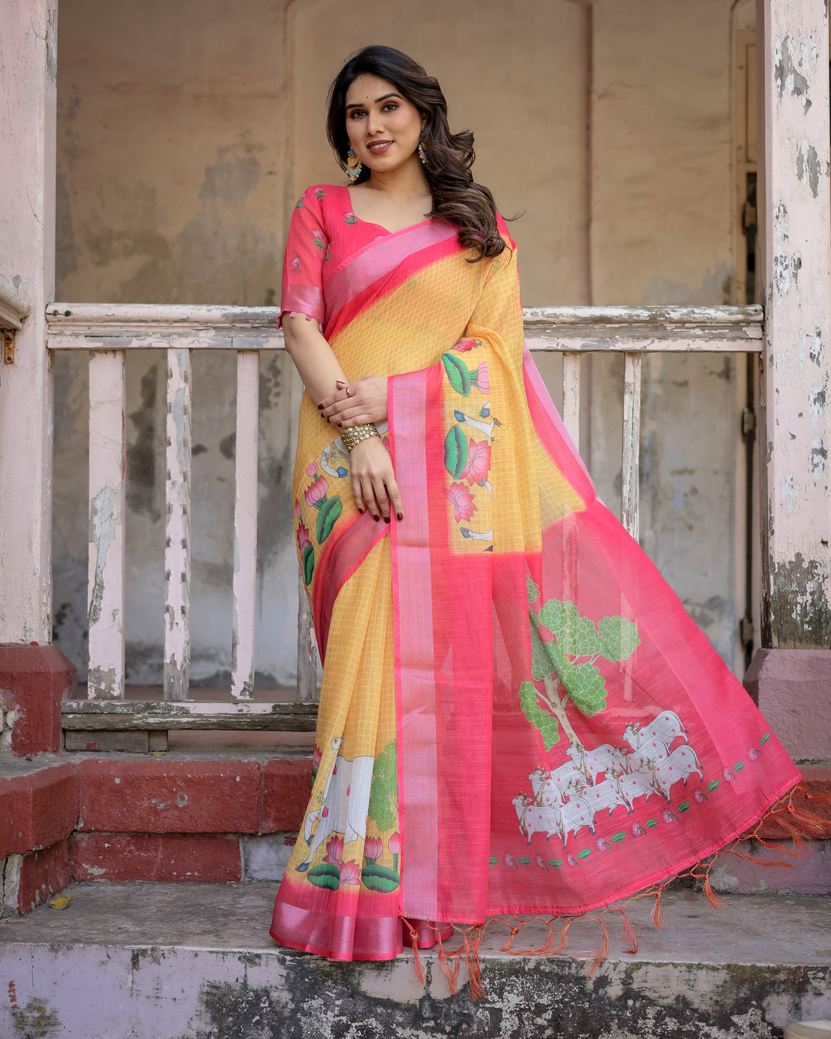 Elegant multicolor linen saree with traditional patterns lightweight festive wear mameraa