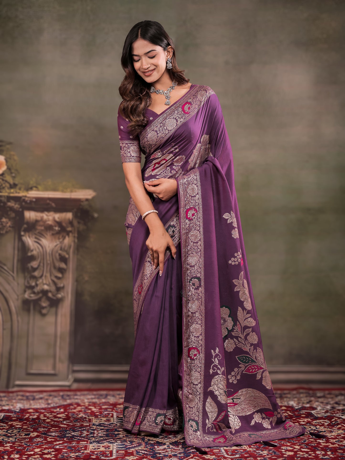 Plum Purple Nylon Viscose Pure Saree with Floral Woven Border, Elegant Botanical Design, Designer Pallu & Tassel Edges