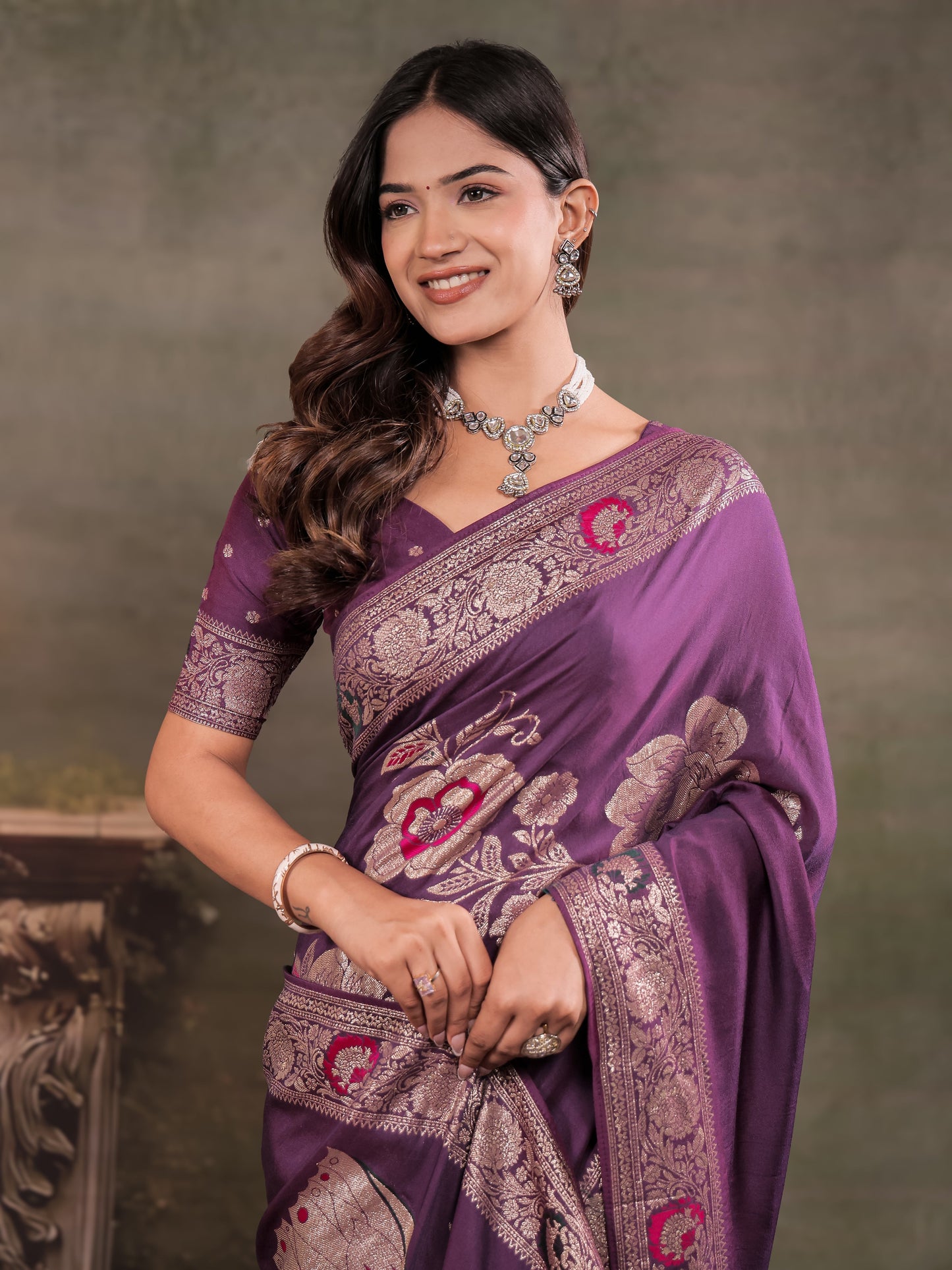 Plum Purple Nylon Viscose Pure Saree with Floral Woven Border, Elegant Botanical Design, Designer Pallu & Tassel Edges