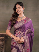 Plum Purple Nylon Viscose Pure Saree with Floral Woven Border, Elegant Botanical Design, Designer Pallu & Tassel Edges
