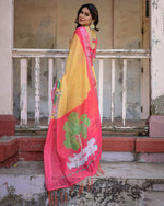 image, Elegant Multi-color Linen Saree with White Lotus Print &amp; Silver Zari Border