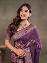 Plum Purple Nylon Viscose Pure Saree with Floral Woven Border, Elegant Botanical Design, Designer Pallu & Tassel Edges