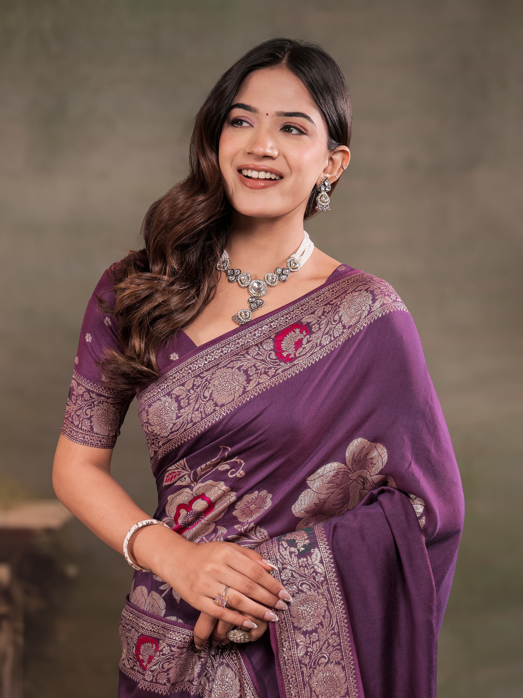 Plum Purple Nylon Viscose Pure Saree with Floral Woven Border, Elegant Botanical Design, Designer Pallu & Tassel Edges