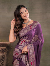 Plum Purple Nylon Viscose Pure Saree with Floral Woven Border, Elegant Botanical Design, Designer Pallu & Tassel Edges