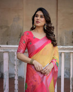image, Elegant Multi-color Linen Saree with White Lotus Print &amp; Silver Zari Border