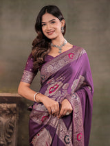 Plum Purple Nylon Viscose Pure Saree with Floral Woven Border, Elegant Botanical Design, Designer Pallu & Tassel Edges