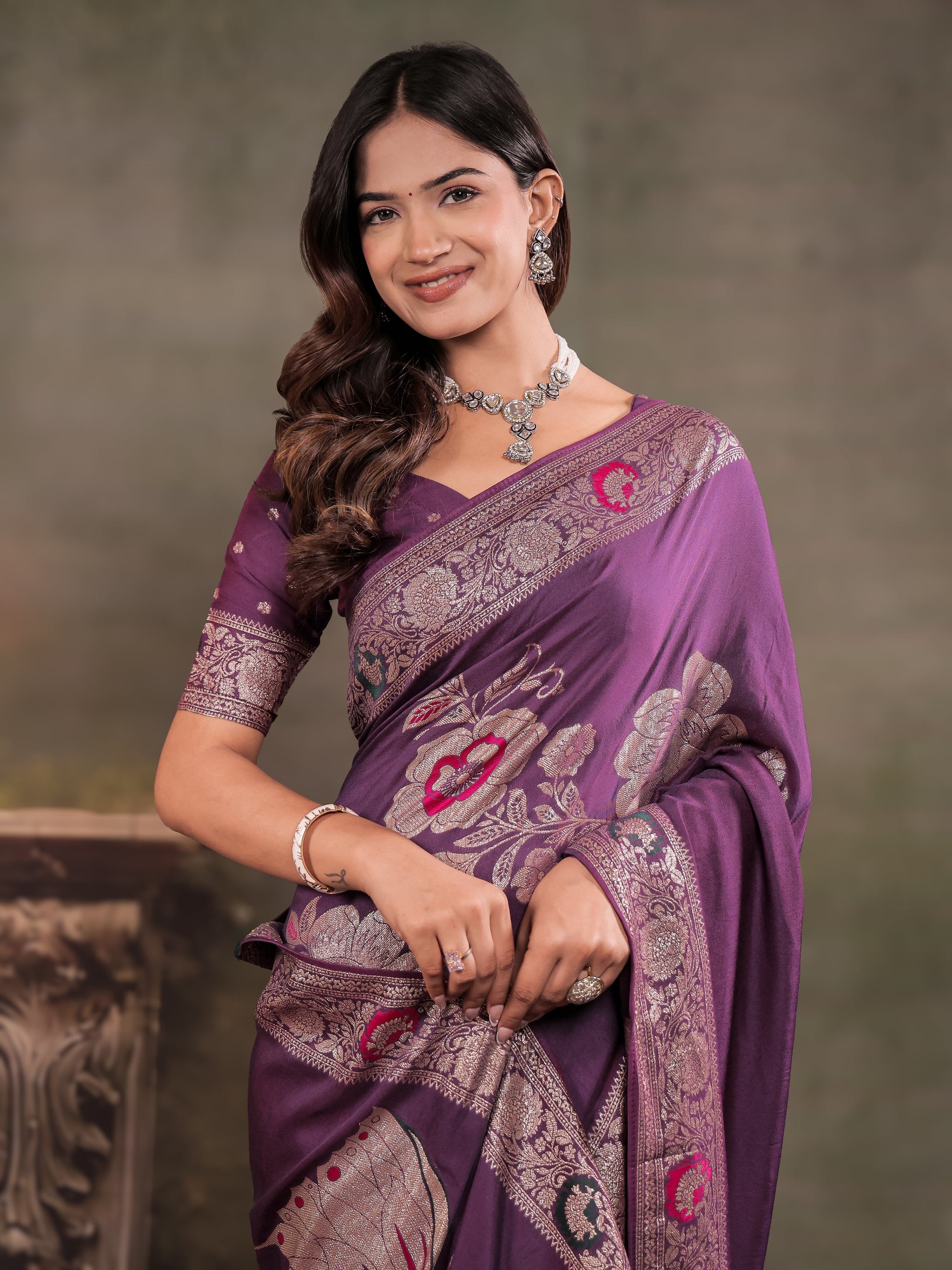 Plum Purple Nylon Viscose Pure Saree with Floral Woven Border, Elegant Botanical Design, Designer Pallu & Tassel Edges