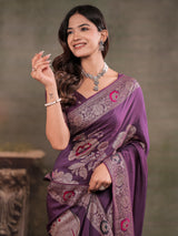 Plum Purple Nylon Viscose Pure Saree with Floral Woven Border, Elegant Botanical Design, Designer Pallu & Tassel Edges