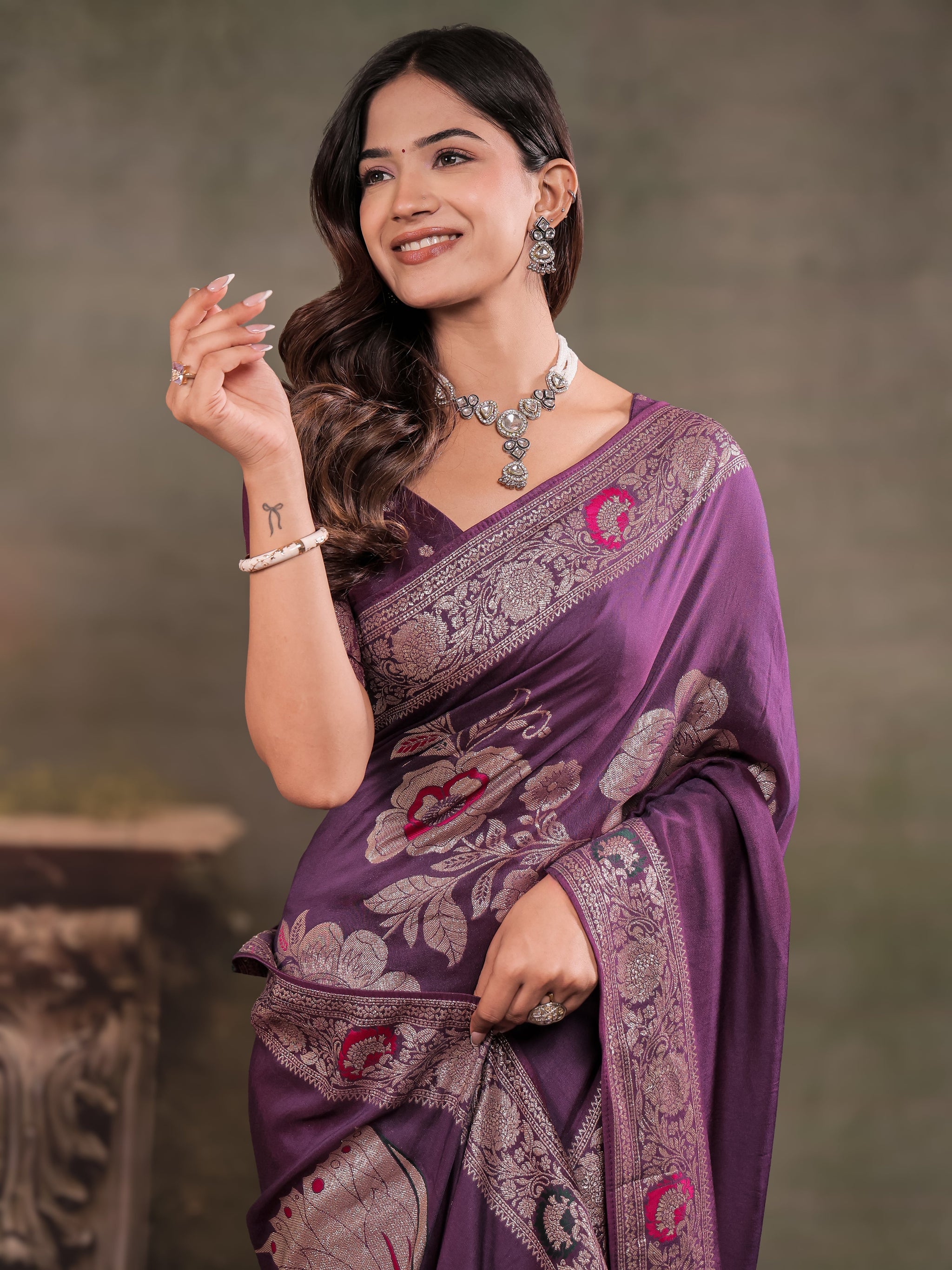 Plum Purple Nylon Viscose Pure Saree with Floral Woven Border, Elegant Botanical Design, Designer Pallu & Tassel Edges