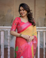 image, Elegant Multi-color Linen Saree with White Lotus Print &amp; Silver Zari Border