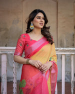 image, Elegant Multi-color Linen Saree with White Lotus Print &amp; Silver Zari Border
