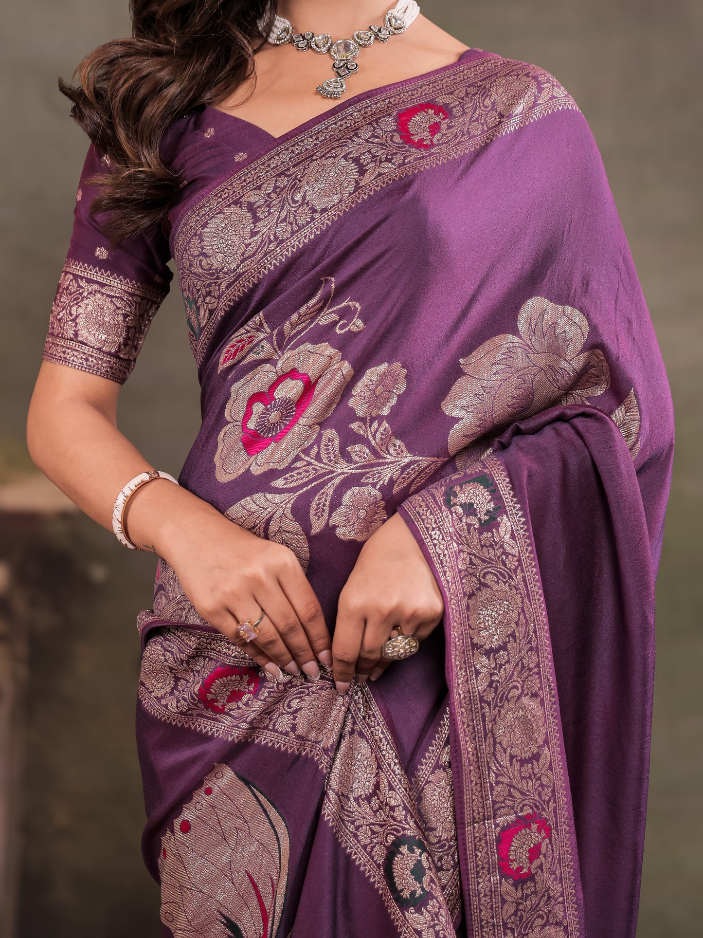 Plum Purple Nylon Viscose Pure Saree with Floral Woven Border, Elegant Botanical Design, Designer Pallu & Tassel Edges