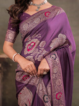 Plum Purple Nylon Viscose Pure Saree with Floral Woven Border, Elegant Botanical Design, Designer Pallu & Tassel Edges