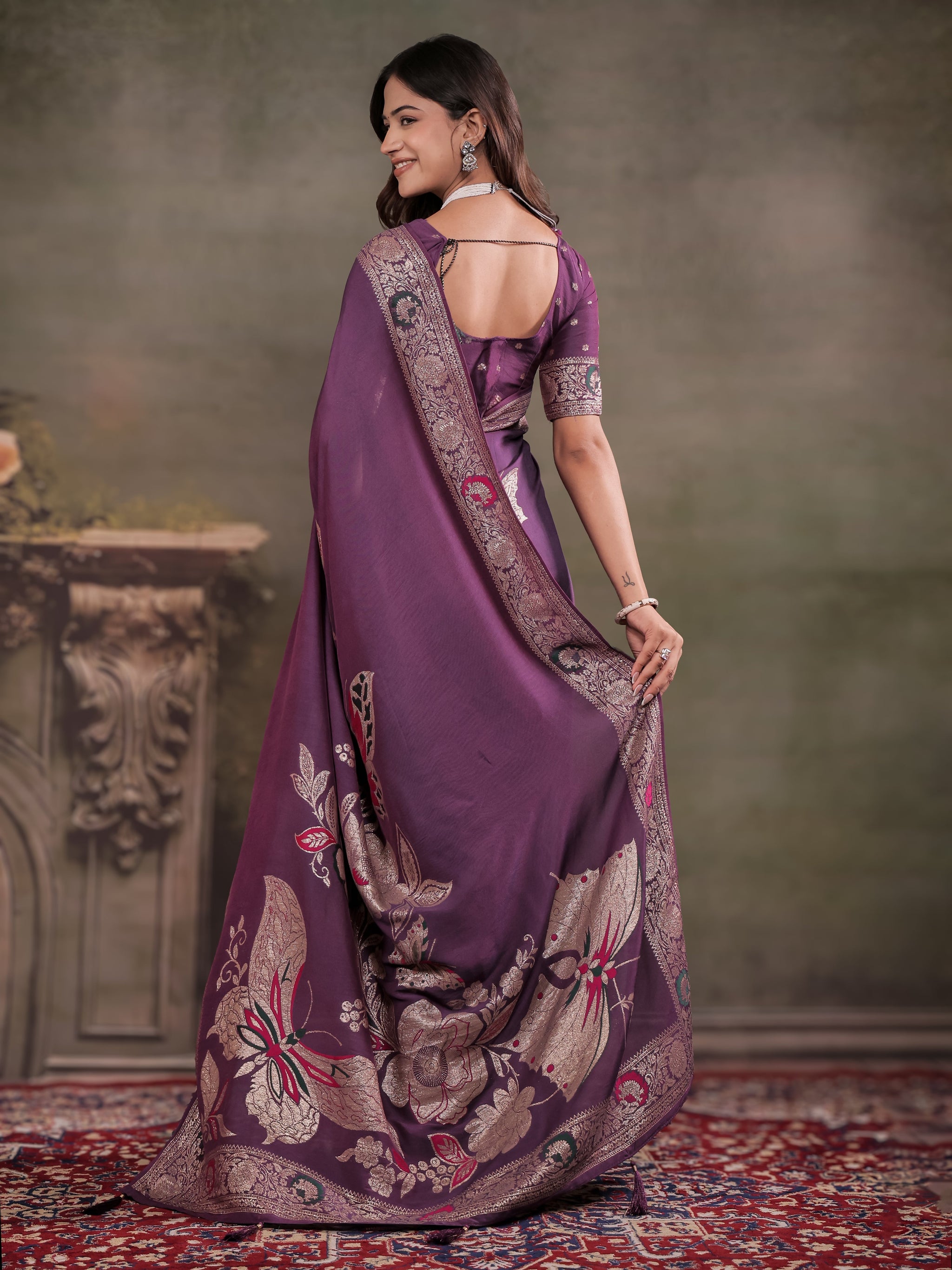 Plum Purple Nylon Viscose Pure Saree with Floral Woven Border, Elegant Botanical Design, Designer Pallu & Tassel Edges