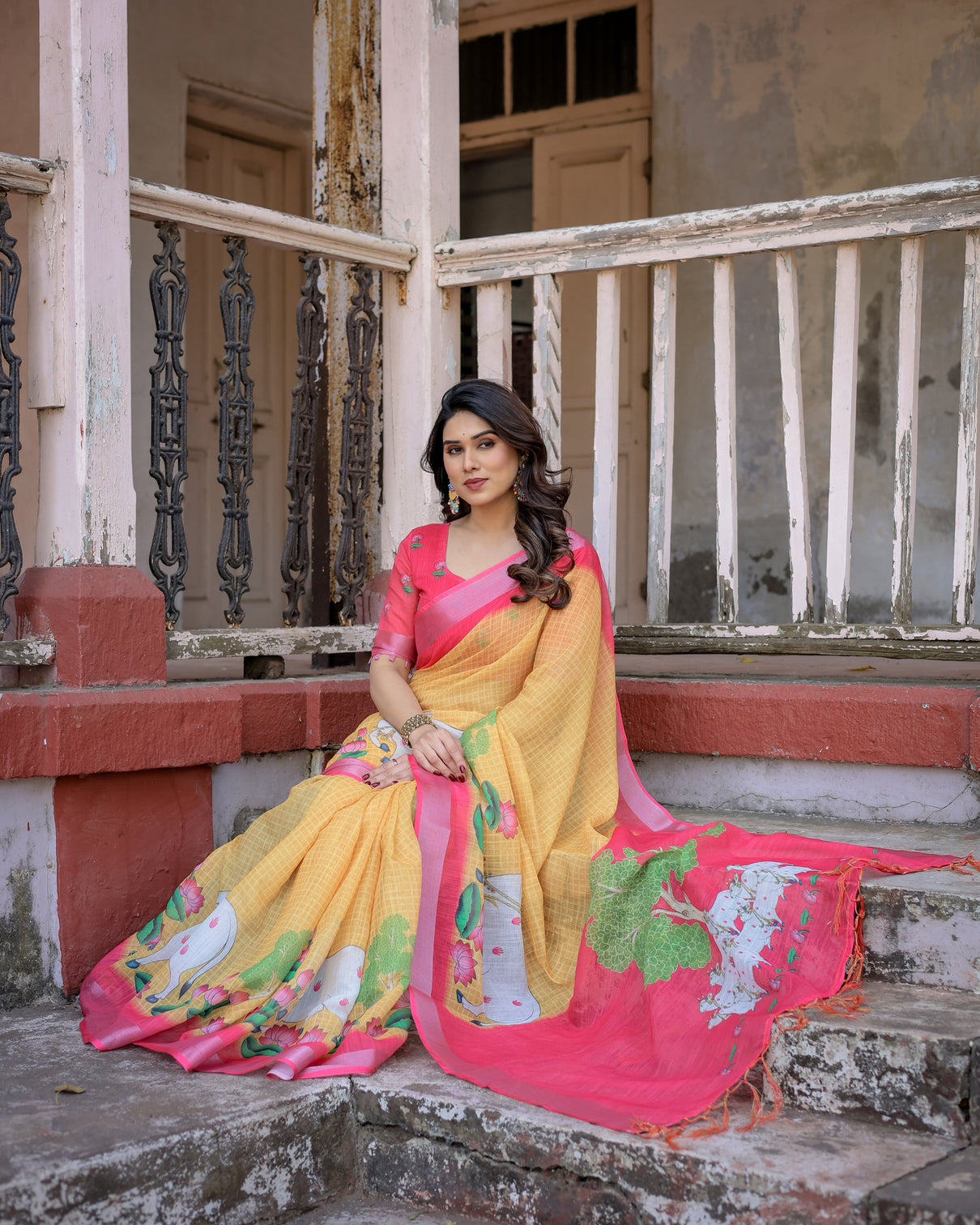 Elegant multicolor linen saree with traditional patterns lightweight festive wear