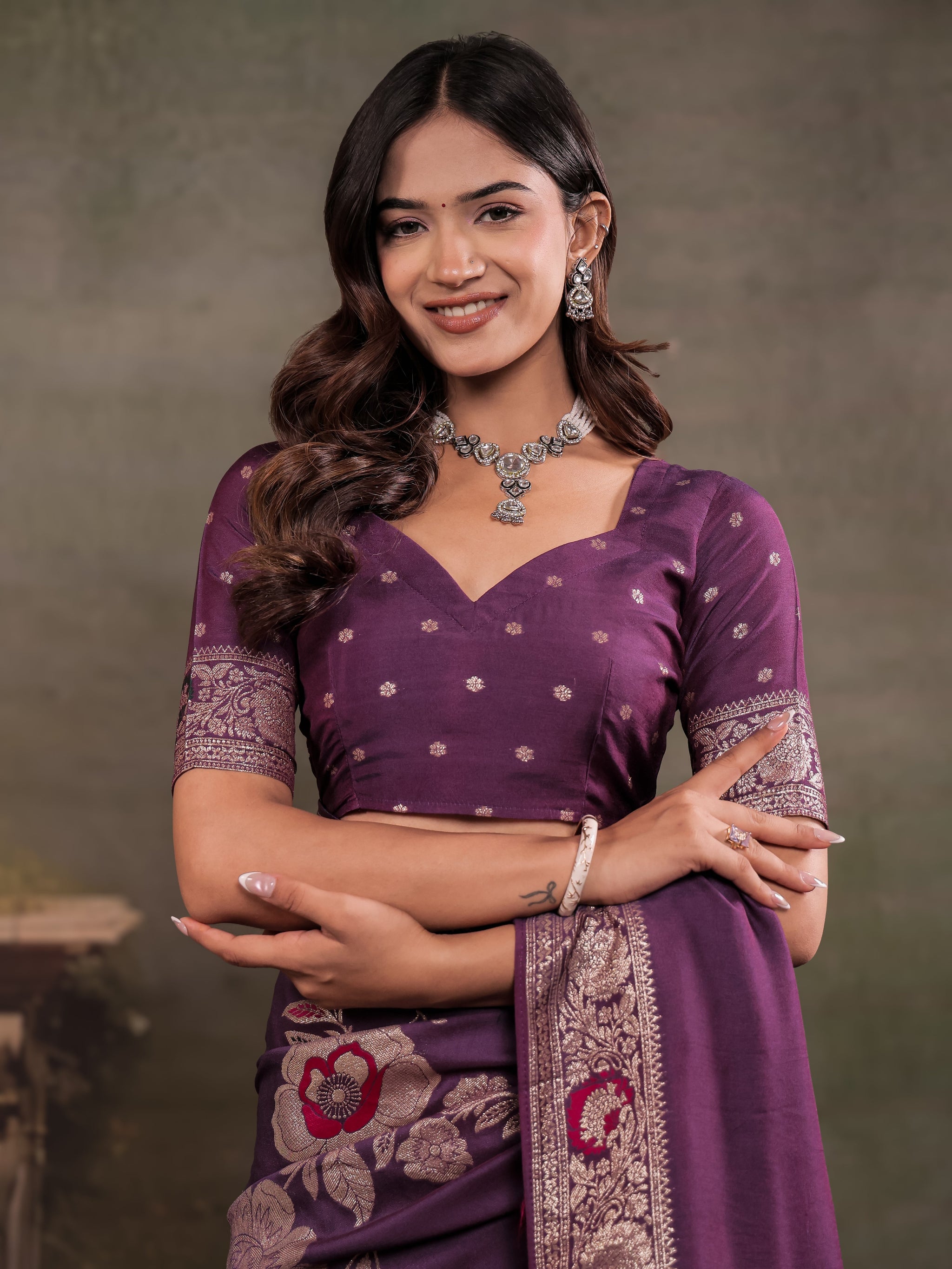 Plum Purple Nylon Viscose Pure Saree with Floral Woven Border, Elegant Botanical Design, Designer Pallu & Tassel Edges