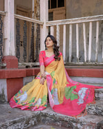 image, Elegant Multi-color Linen Saree with White Lotus Print &amp; Silver Zari Border