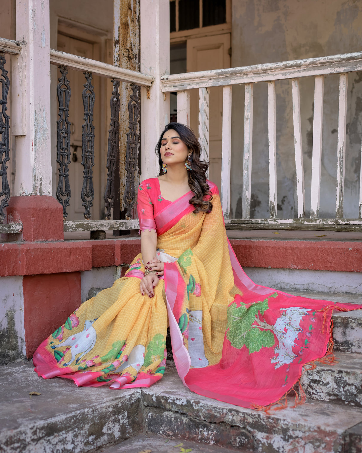 Elegant multicolor linen saree with traditional patterns lightweight festive wear