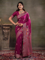 Magenta Nylon Viscose Pure Saree with Traditional Woven Border, Heritage Motif Design, Grand Designer Pallu & Tassel Edges