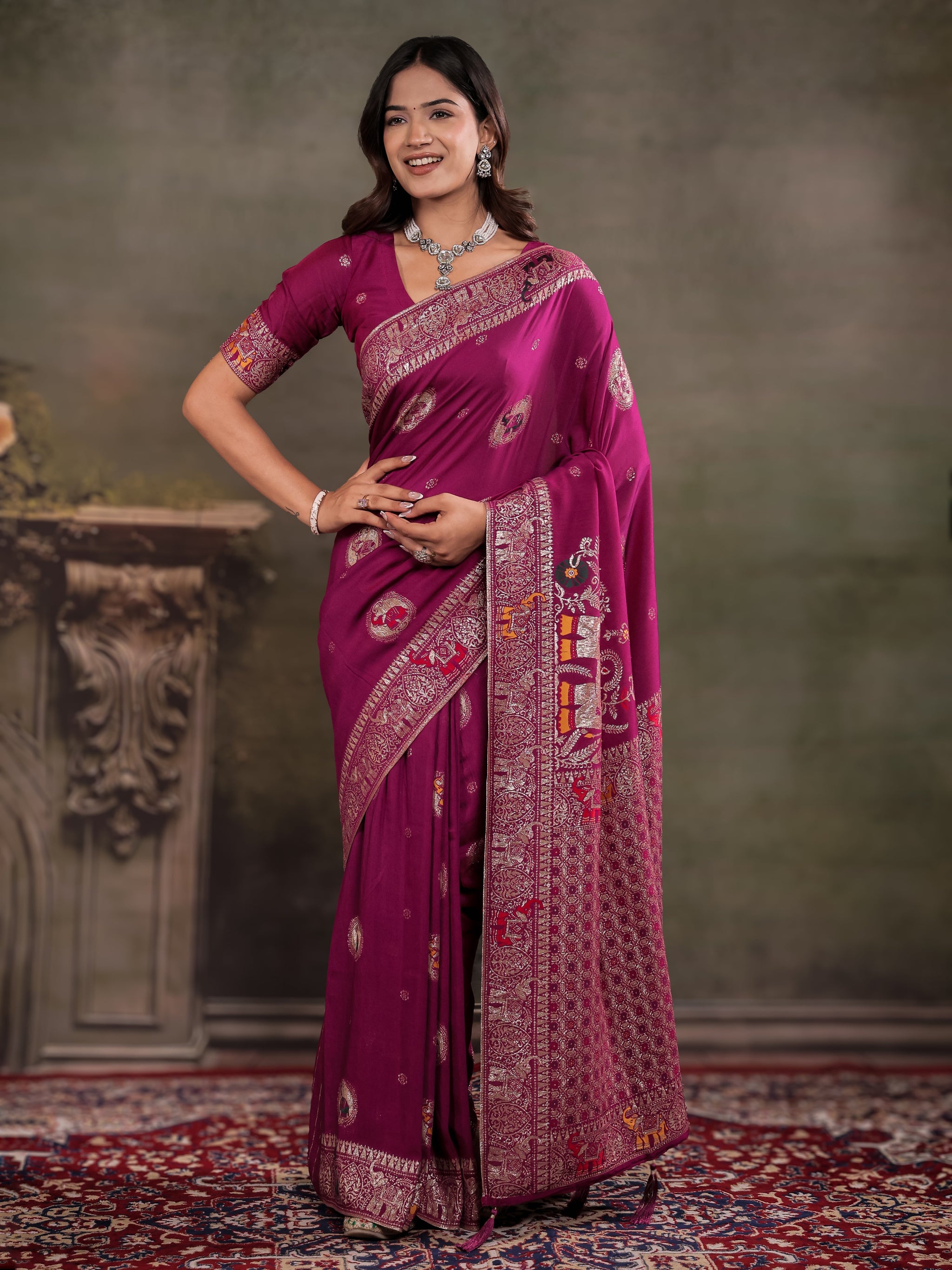 Magenta Nylon Viscose Pure Saree with Traditional Woven Border, Heritage Motif Design, Grand Designer Pallu & Tassel Edges