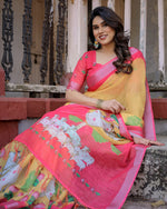 image, Elegant Multi-color Linen Saree with White Lotus Print &amp; Silver Zari Border