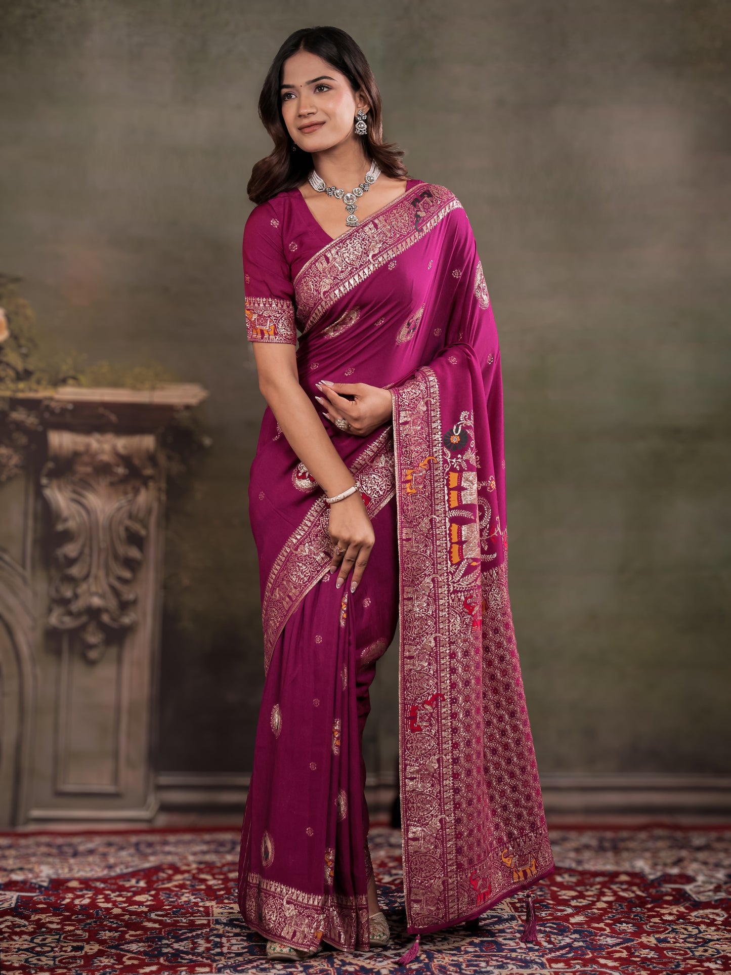 Magenta Nylon Viscose Pure Saree with Traditional Woven Border, Heritage Motif Design, Grand Designer Pallu & Tassel Edges