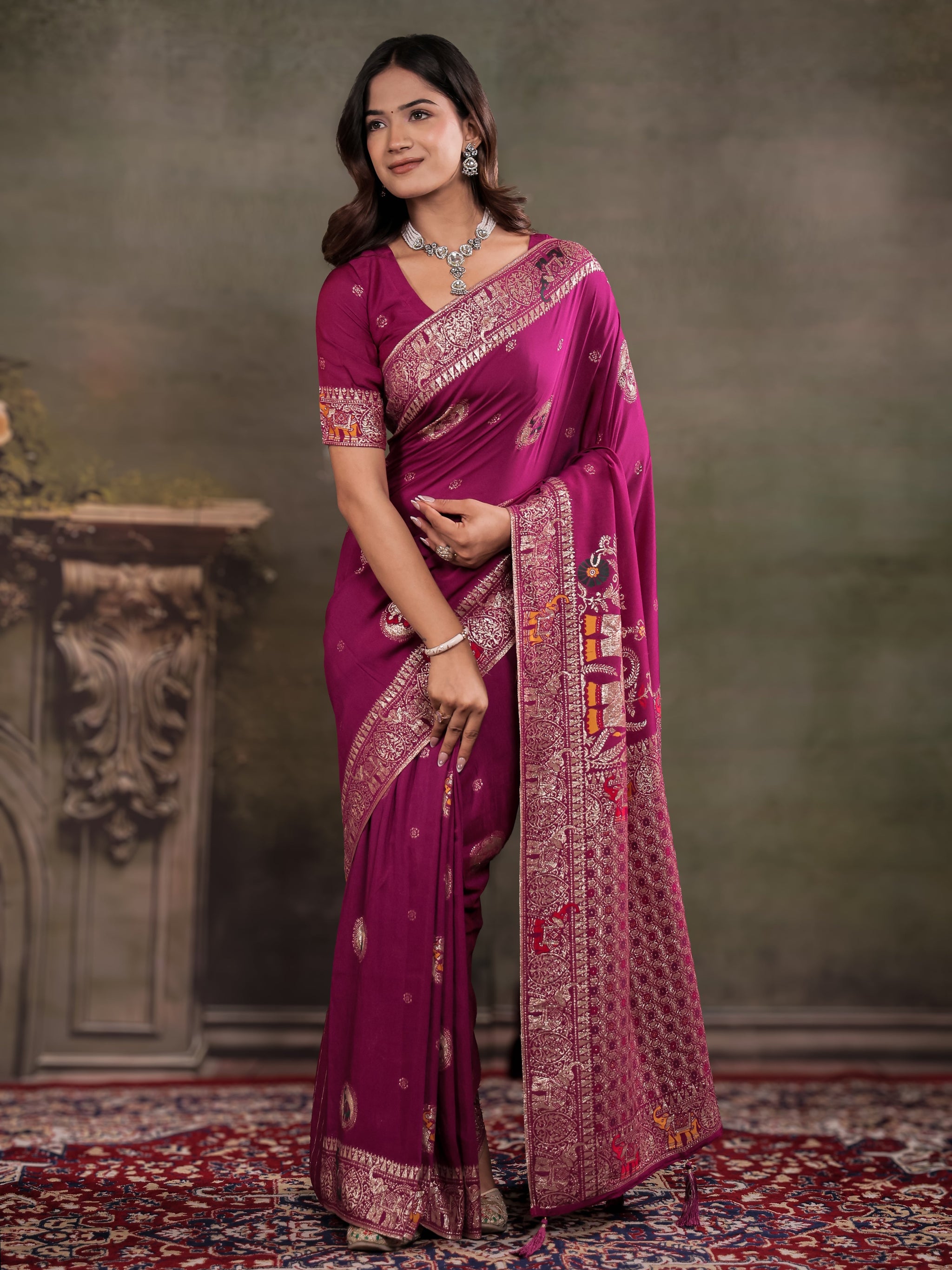 Magenta Nylon Viscose Pure Saree with Traditional Woven Border, Heritage Motif Design, Grand Designer Pallu & Tassel Edges