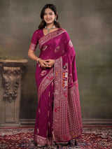 Magenta Nylon Viscose Pure Saree with Traditional Woven Border, Heritage Motif Design, Grand Designer Pallu & Tassel Edges