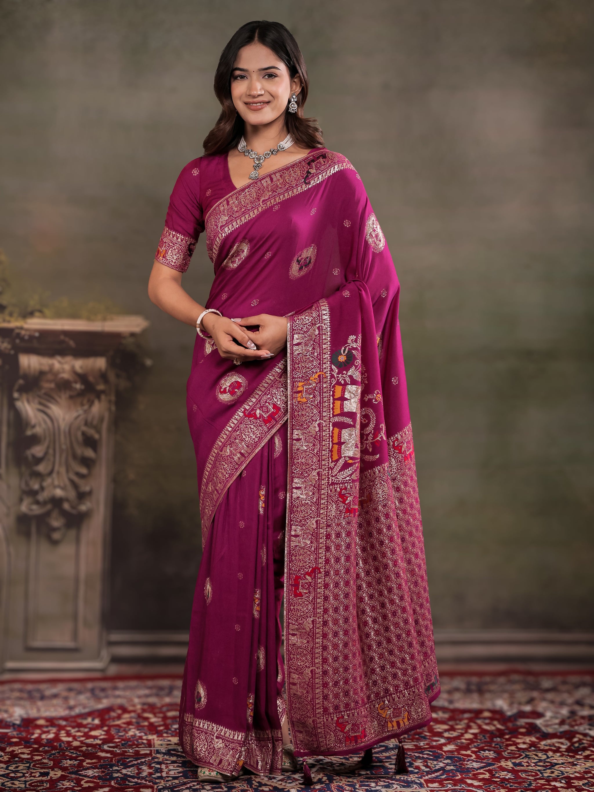 Magenta Nylon Viscose Pure Saree with Traditional Woven Border, Heritage Motif Design, Grand Designer Pallu & Tassel Edges