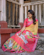 image, Elegant Multi-color Linen Saree with White Lotus Print &amp; Silver Zari Border