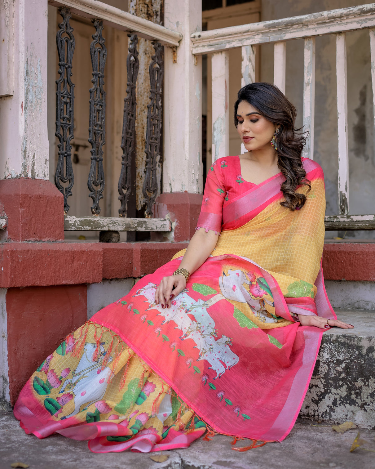 Elegant multicolor linen saree with traditional patterns lightweight festive wear