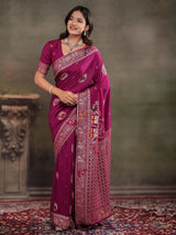 Magenta Nylon Viscose Pure Saree with Traditional Woven Border, Heritage Motif Design, Grand Designer Pallu & Tassel Edges