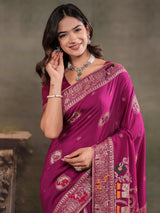 Magenta Nylon Viscose Pure Saree with Traditional Woven Border, Heritage Motif Design, Grand Designer Pallu & Tassel Edges