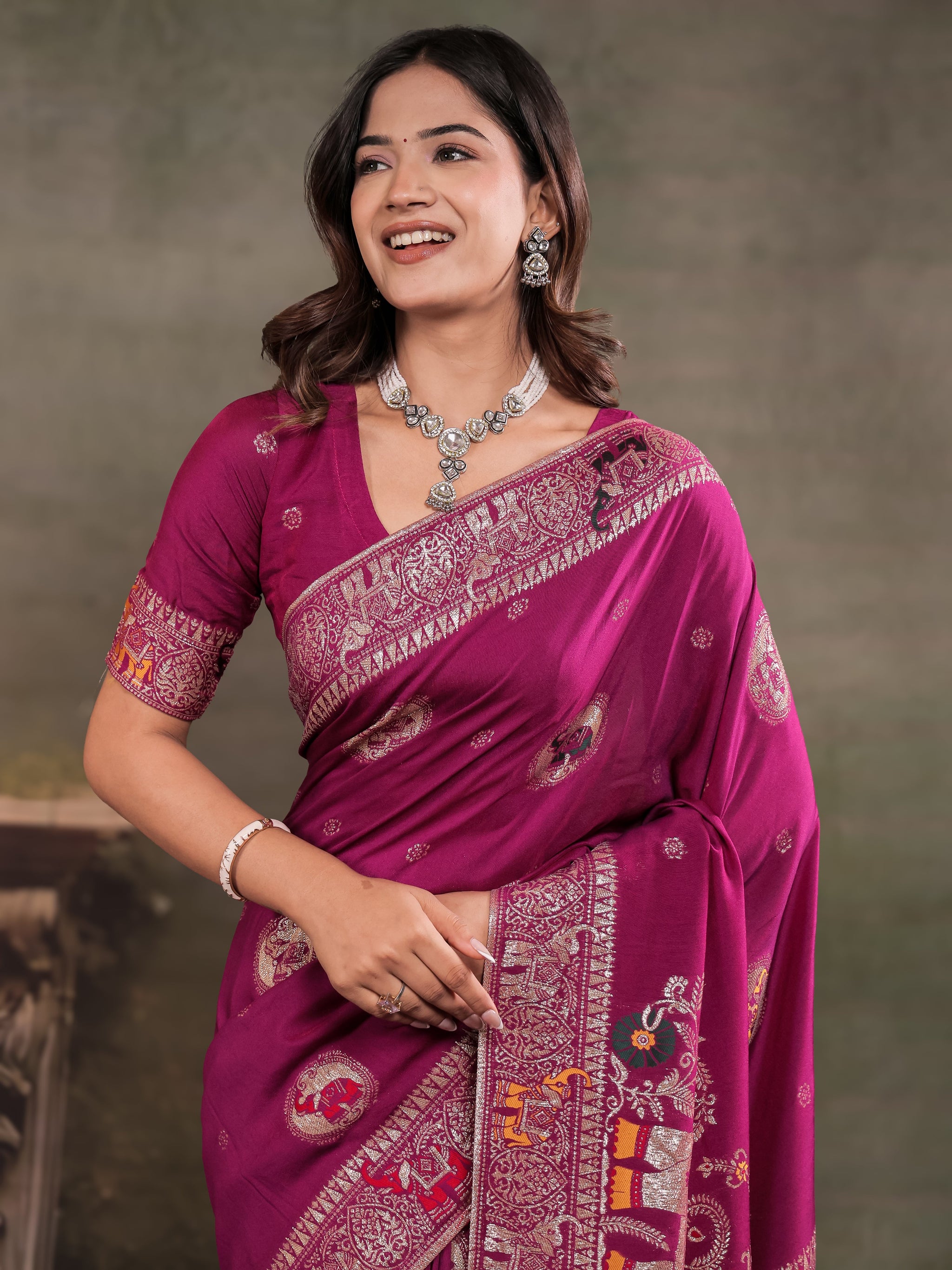Magenta Nylon Viscose Pure Saree with Traditional Woven Border, Heritage Motif Design, Grand Designer Pallu & Tassel Edges