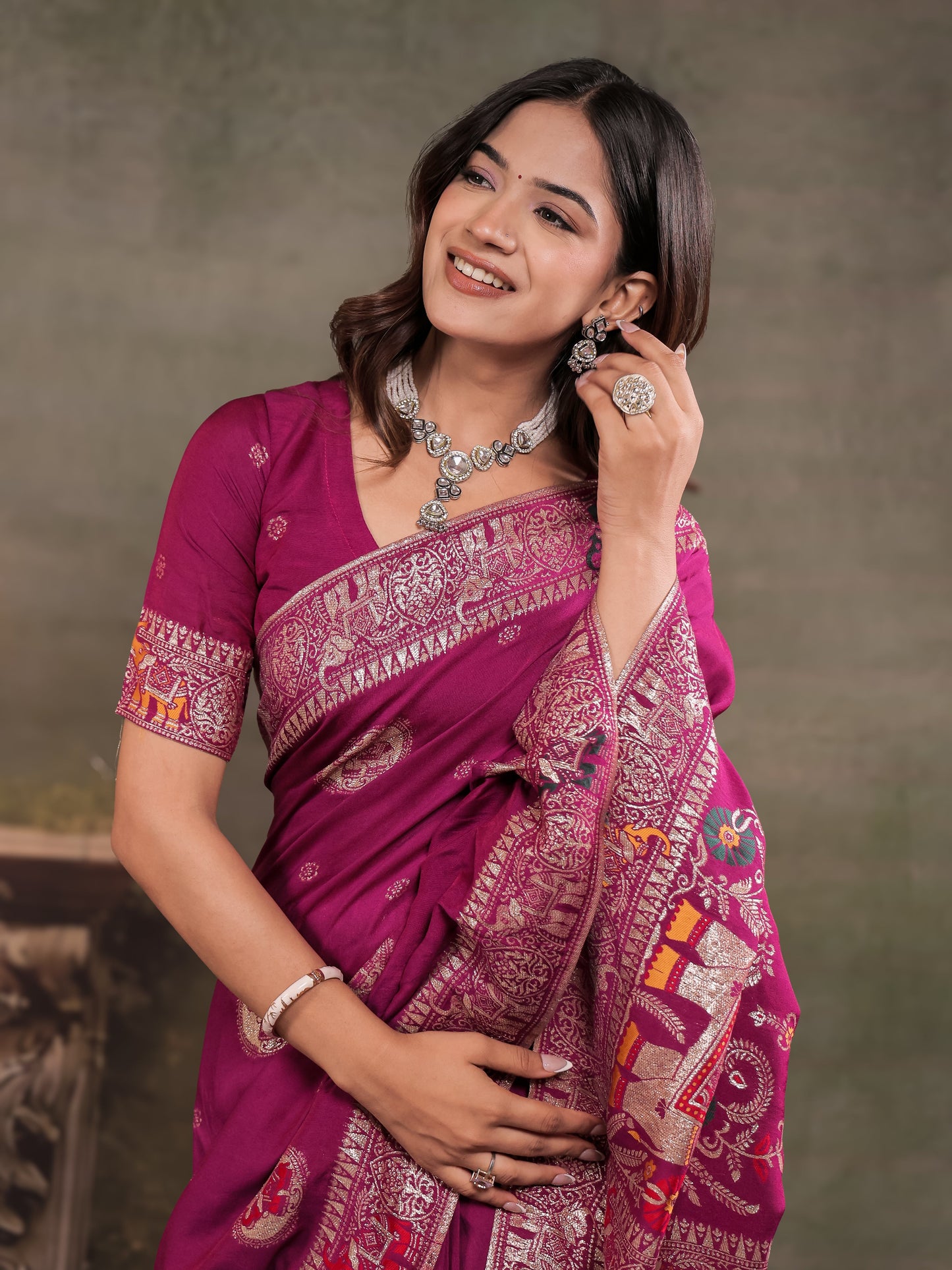 Magenta Nylon Viscose Pure Saree with Traditional Woven Border, Heritage Motif Design, Grand Designer Pallu & Tassel Edges