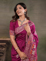 Magenta Nylon Viscose Pure Saree with Traditional Woven Border, Heritage Motif Design, Grand Designer Pallu & Tassel Edges