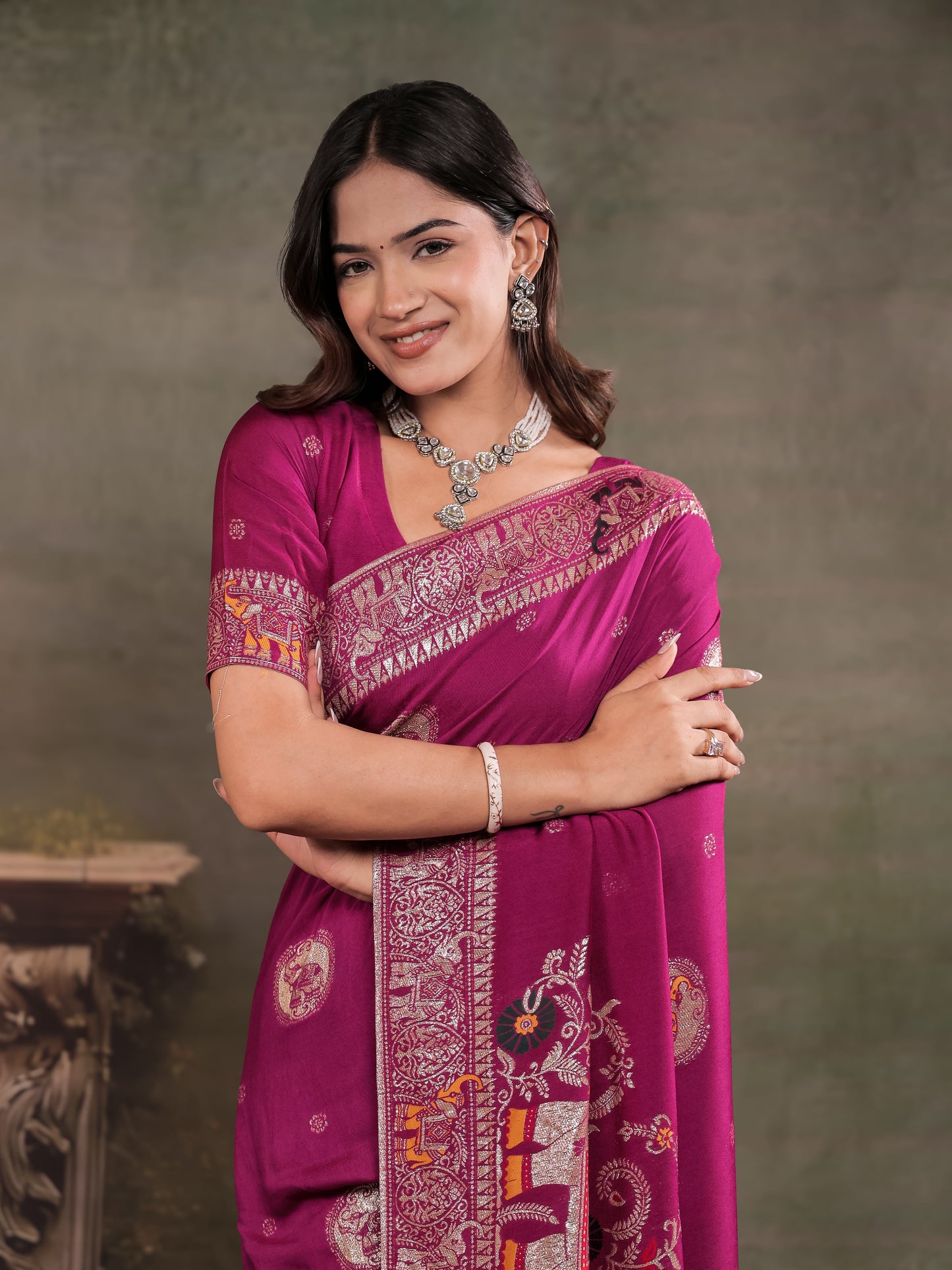 Magenta Nylon Viscose Pure Saree with Traditional Woven Border, Heritage Motif Design, Grand Designer Pallu & Tassel Edges