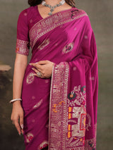 Magenta Nylon Viscose Pure Saree with Traditional Woven Border, Heritage Motif Design, Grand Designer Pallu & Tassel Edges