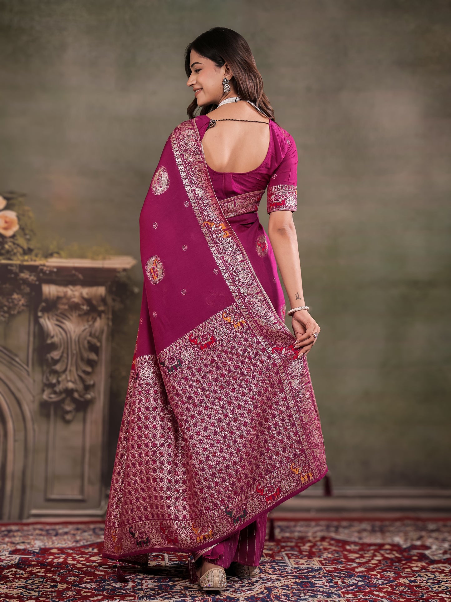 Magenta Nylon Viscose Pure Saree with Traditional Woven Border, Heritage Motif Design, Grand Designer Pallu & Tassel Edges