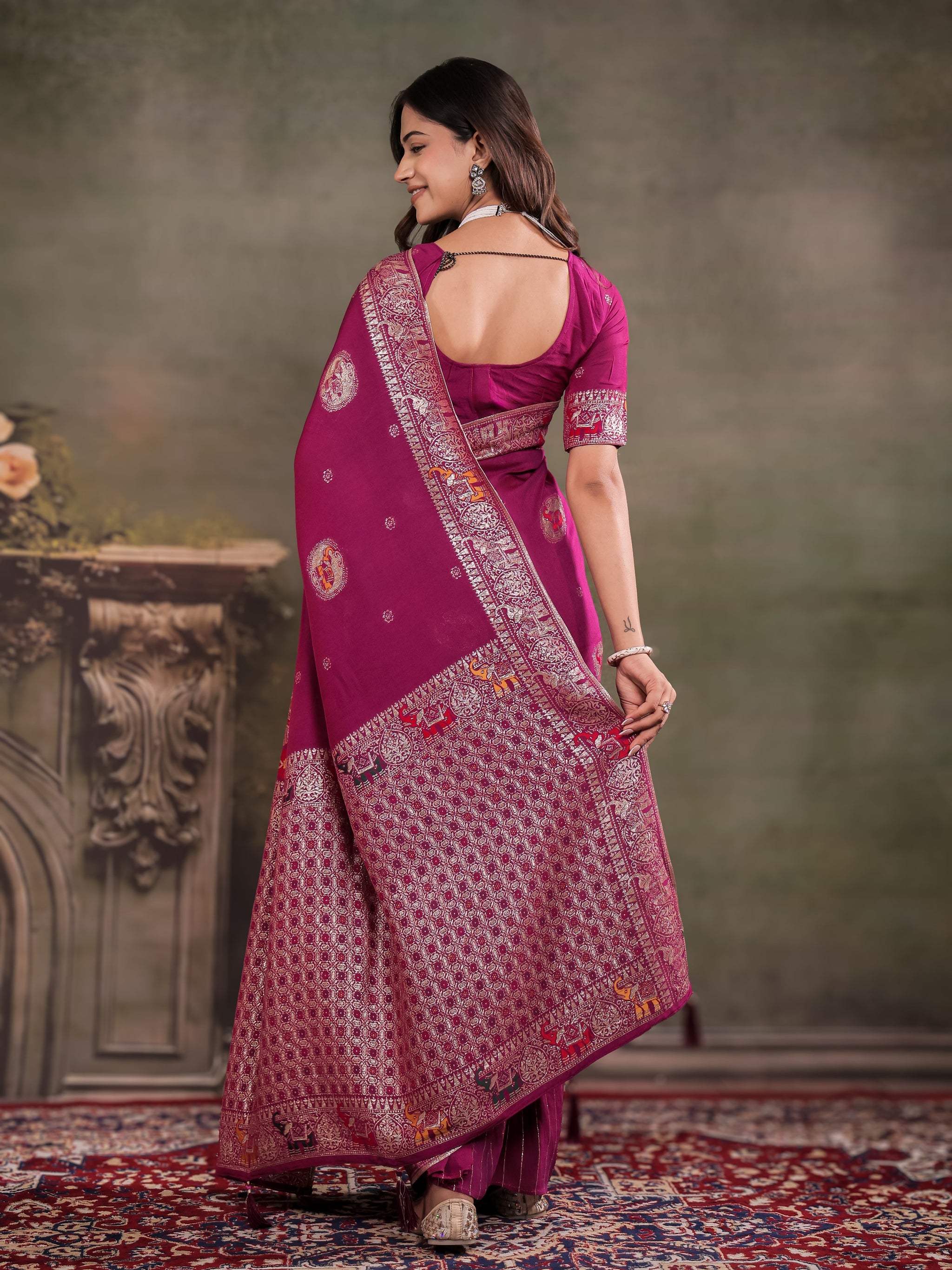 Magenta Nylon Viscose Pure Saree with Traditional Woven Border, Heritage Motif Design, Grand Designer Pallu & Tassel Edges