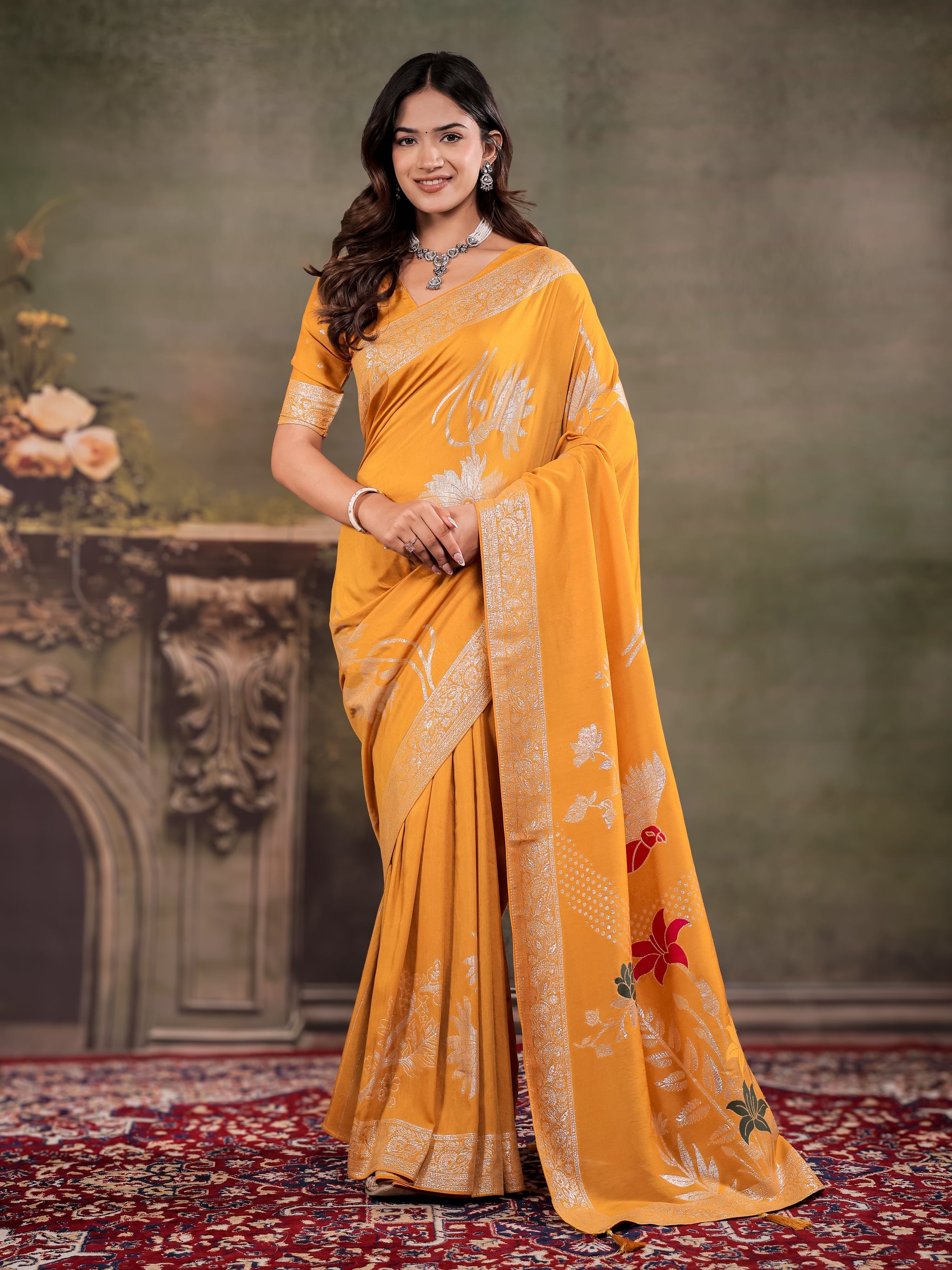 Mustard Yellow Nylon Viscose Pure Saree with Silver Woven Border, Floral Botanical Design, Elegant Designer Pallu & Tassel Edges